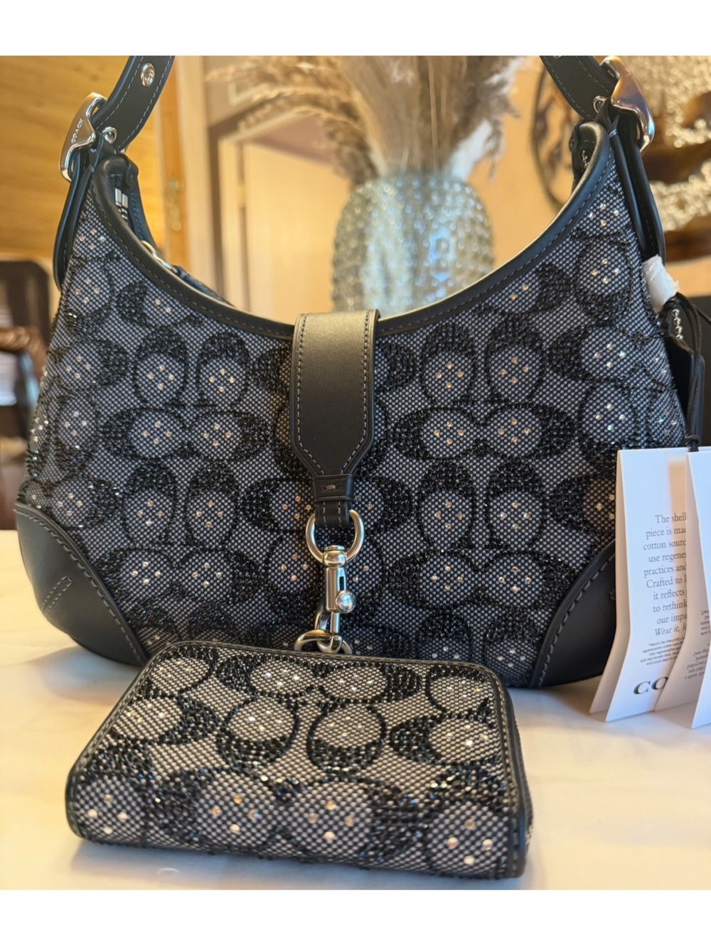 Coach Black Signature Crystal Jacquard hampton with essential zip around wallet